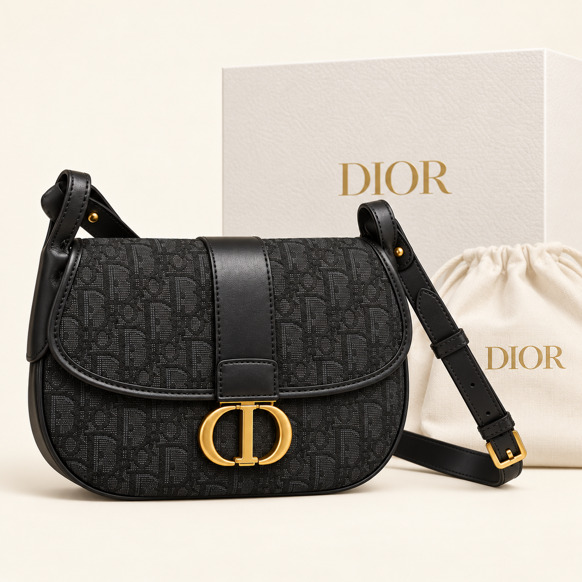 Dior Sac selle à boucle CD — Noir en relief avec boîte et housse
