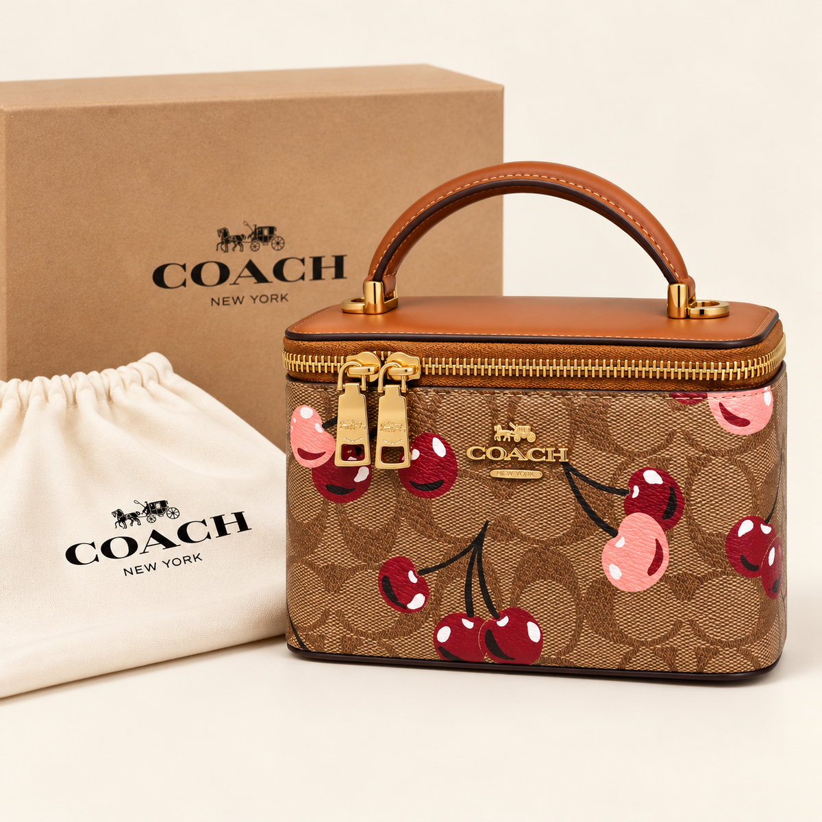 Coach Mini vanity cerises — Monogramme et caramel avec boîte et housse