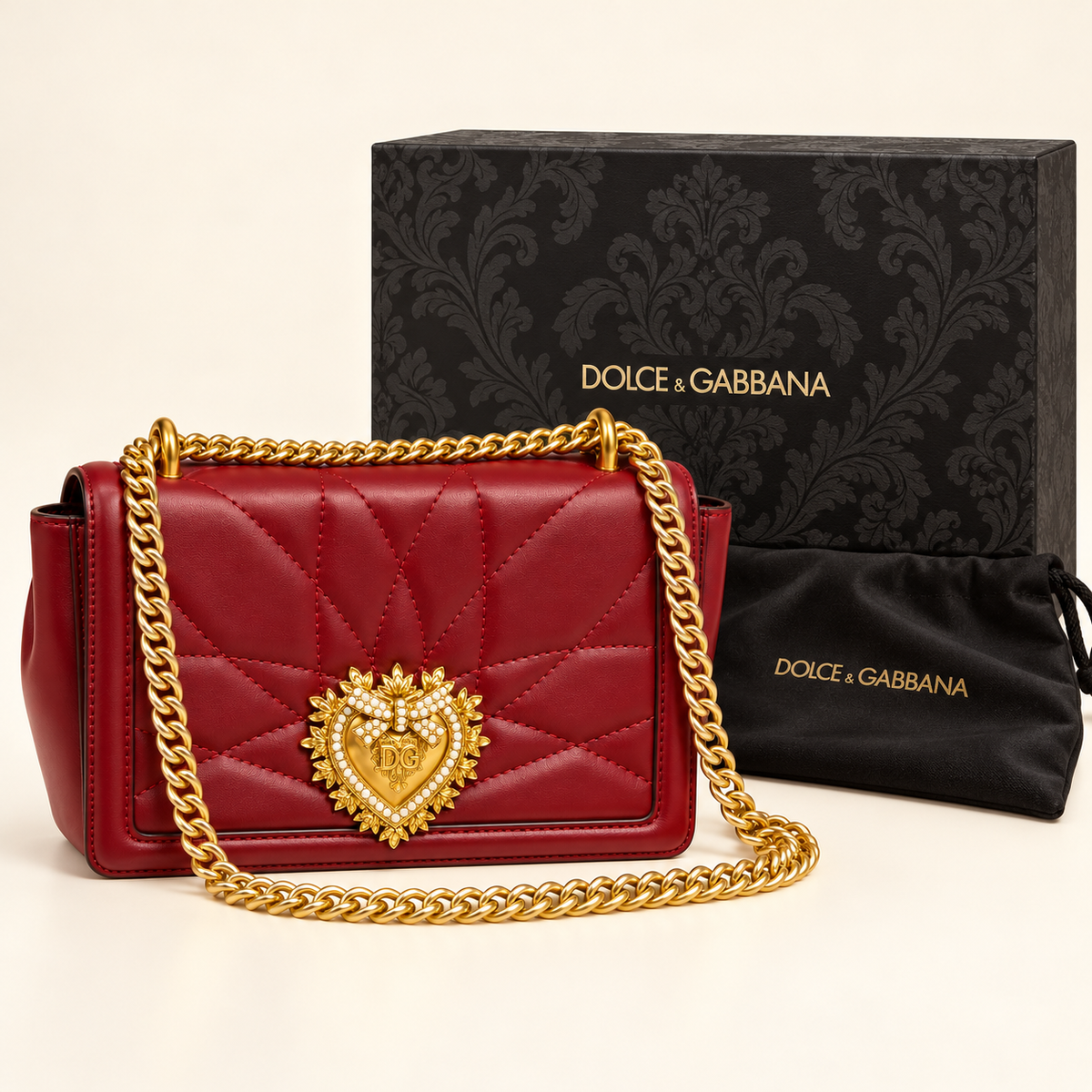 Dolce & Gabbana Sac chaîne matelassé à cœur — Bordeaux avec boîte et housse