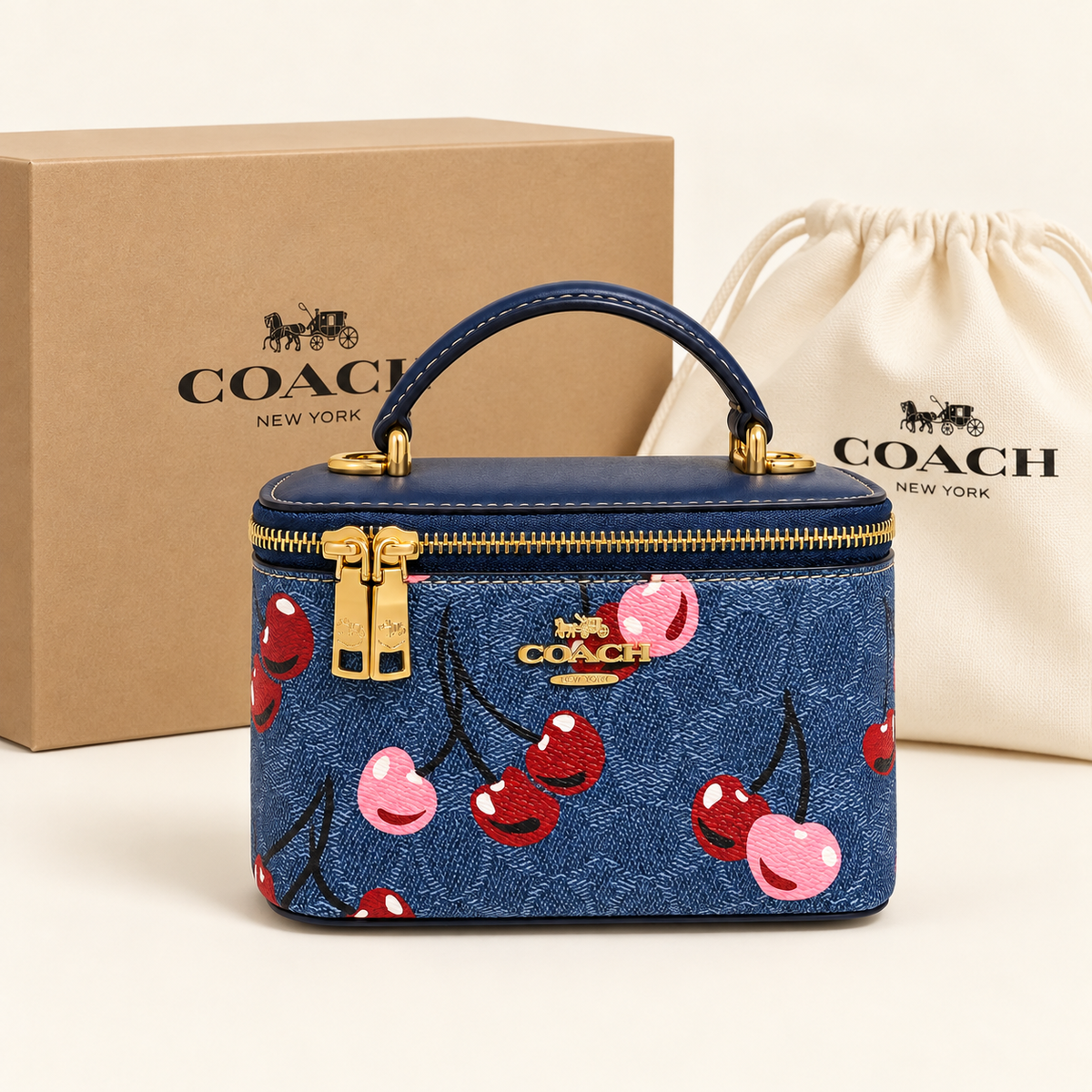 Coach Mini vanity cerises — Bleu denim avec boîte et housse