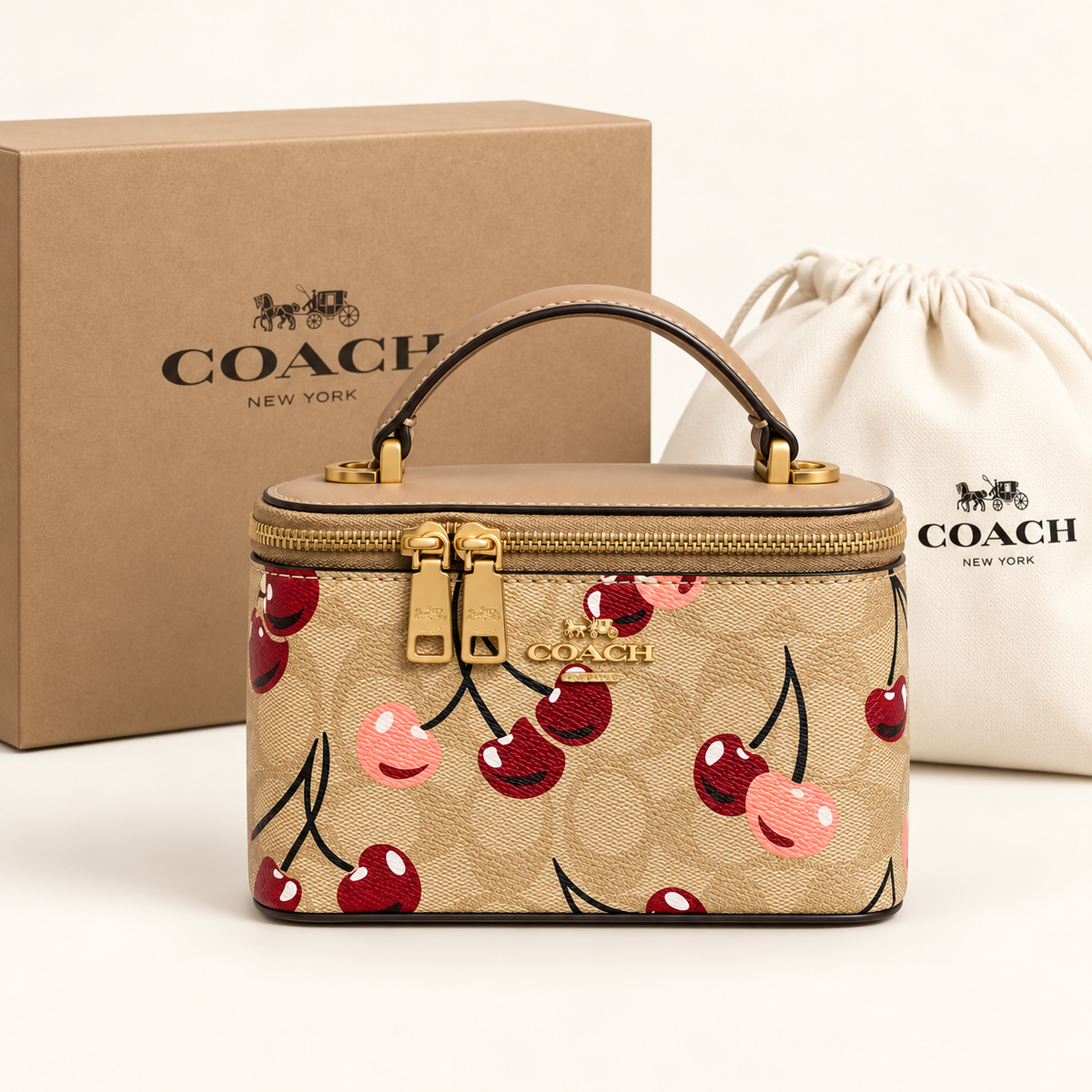 Coach Mini vanity cerises — Beige avec boîte et housse