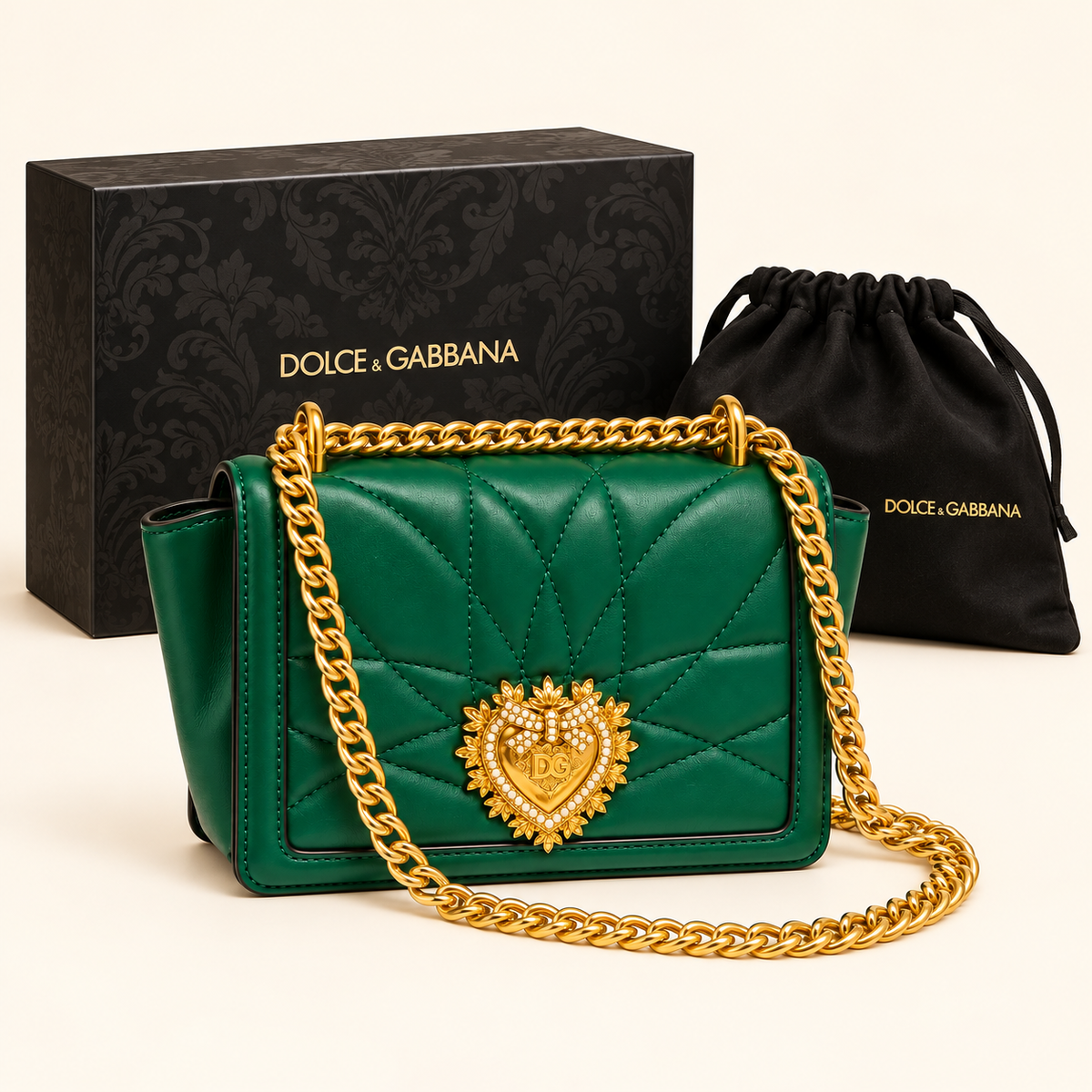 Dolce & Gabbana Sac chaîne matelassé à cœur — Vert avec boîte et housse