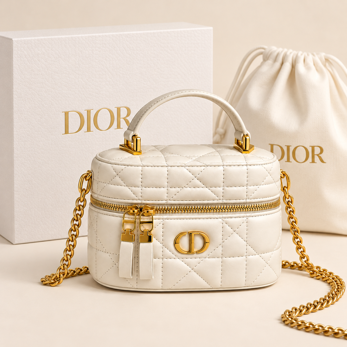 Dior Mini vanity matelassé — Ivoire avec boîte et housse