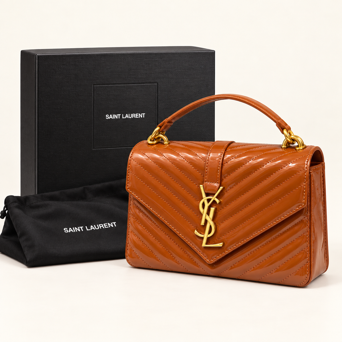 Saint Laurent Sac chevrons verni à poignée — Caramel avec boîte et housse