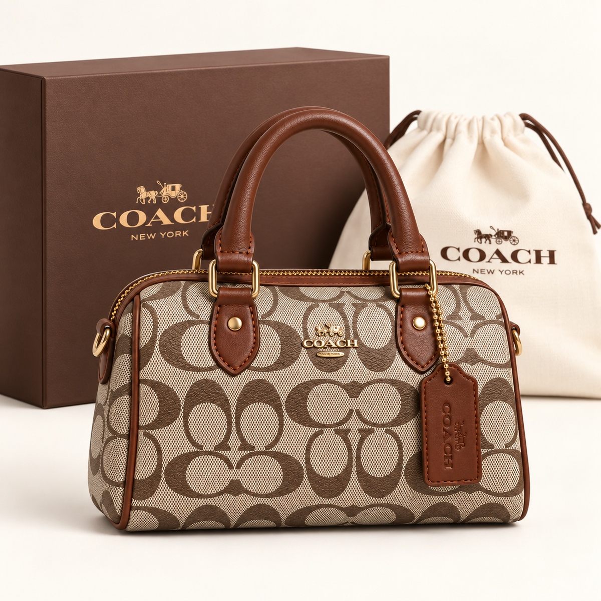 Coach Mini sac à anses — Monogramme et chocolat avec boîte et housse