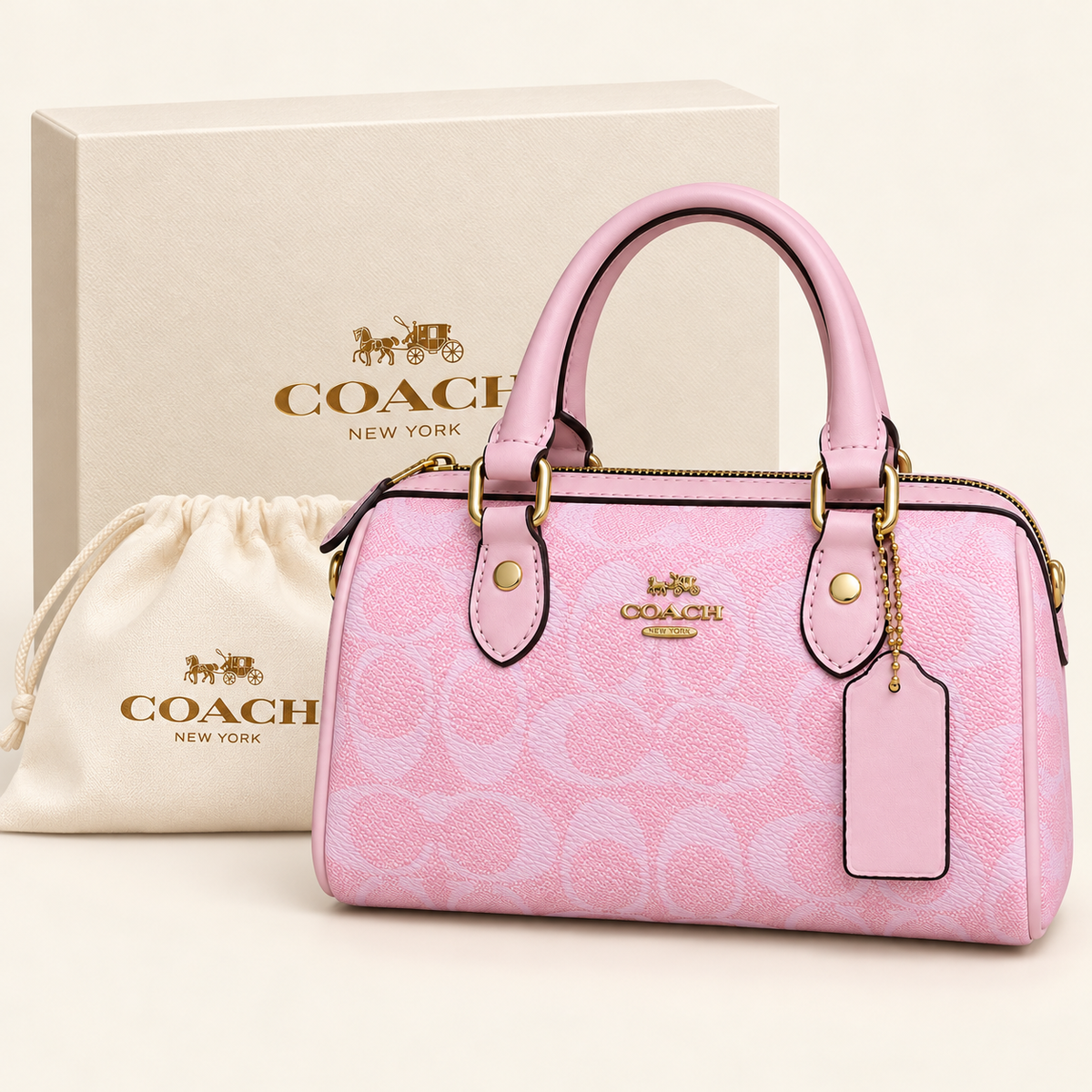 Coach Mini sac à anses — Monogramme rose avec boîte et housse