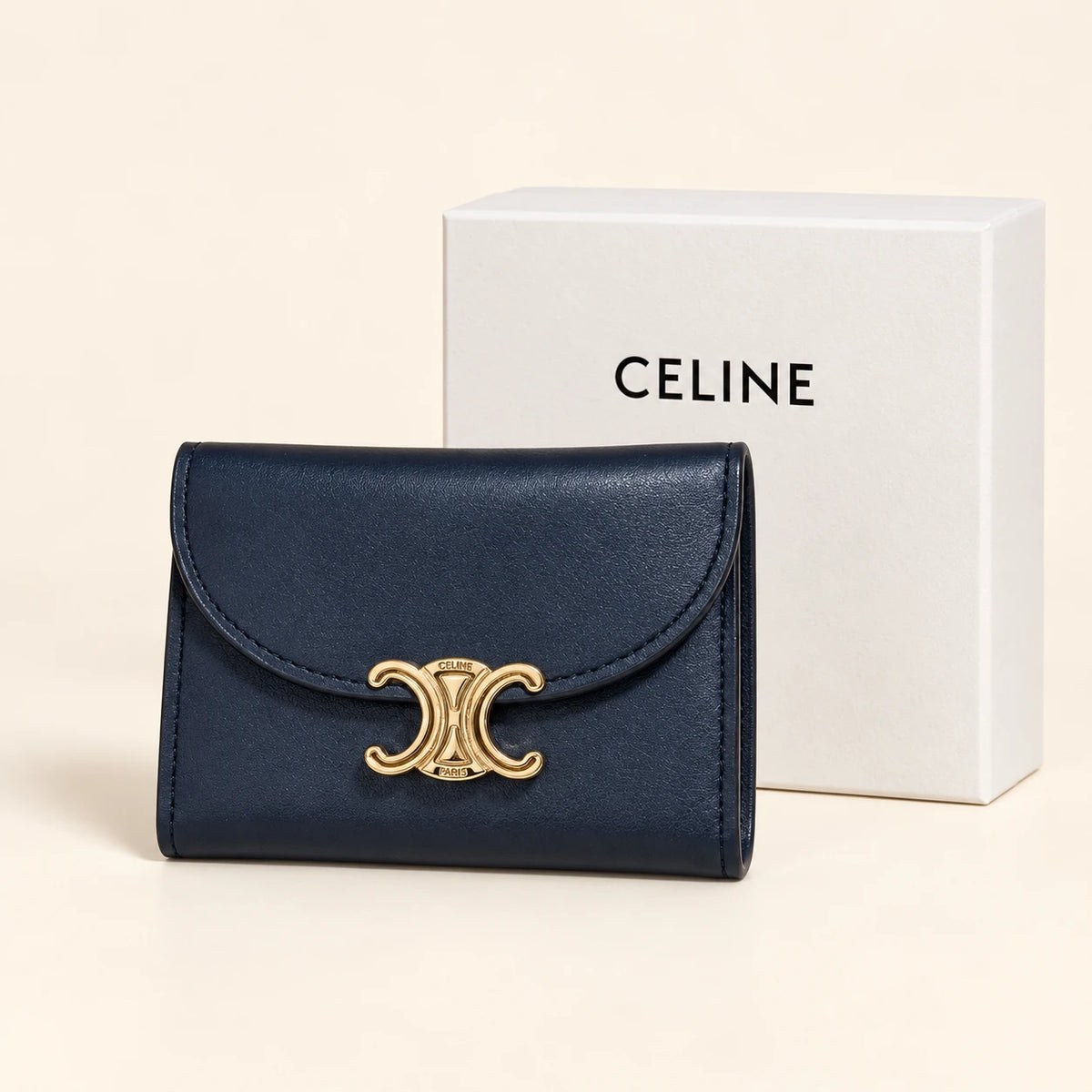 Portefeuille à rabat signature dorée — Bleu marine avec boîte