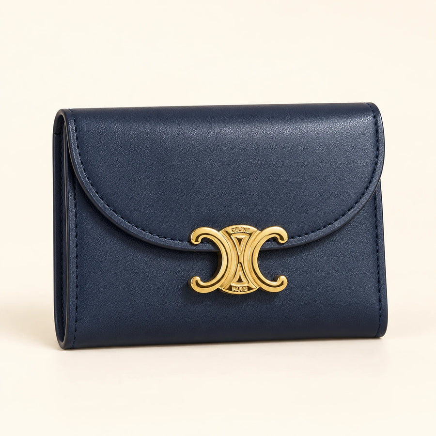 Portefeuille à rabat signature dorée — Bleu marine