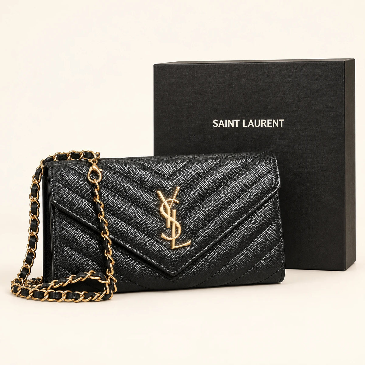 Pochette à chaîne chevrons — Noir avec boîte