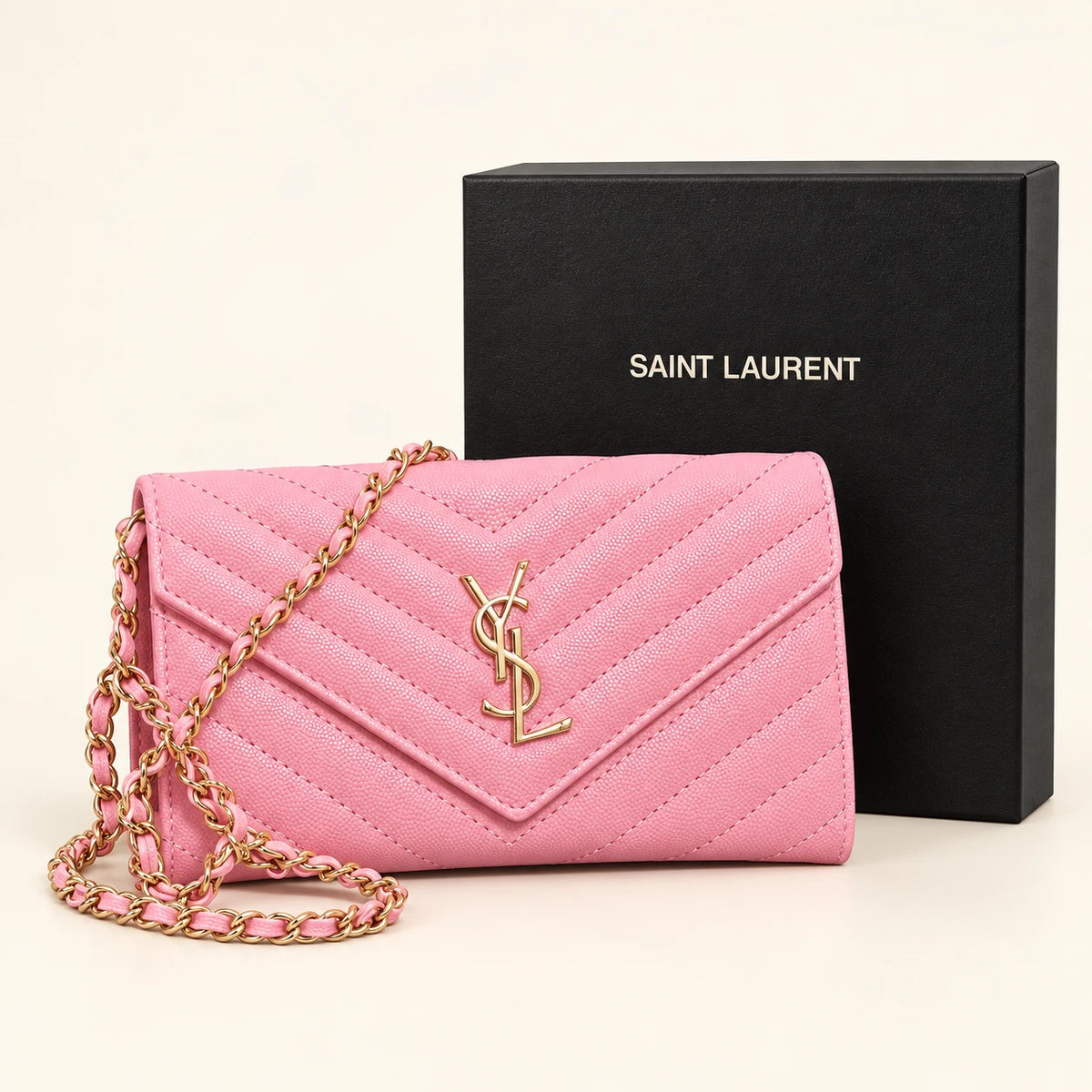 Pochette à chaîne chevrons — Rose avec boîte