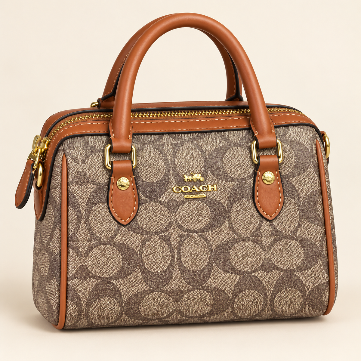Mini sac à anses — Monogramme et cognac — sac seul, visuel généré
