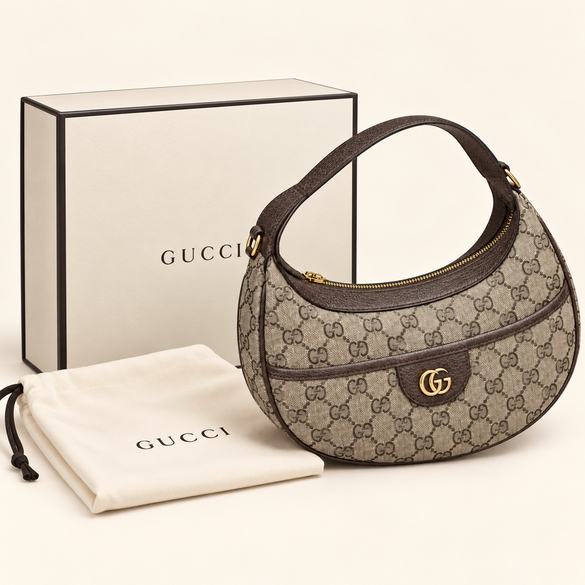 Sac demi-lune monogramme — Marron — avec boîte et housse