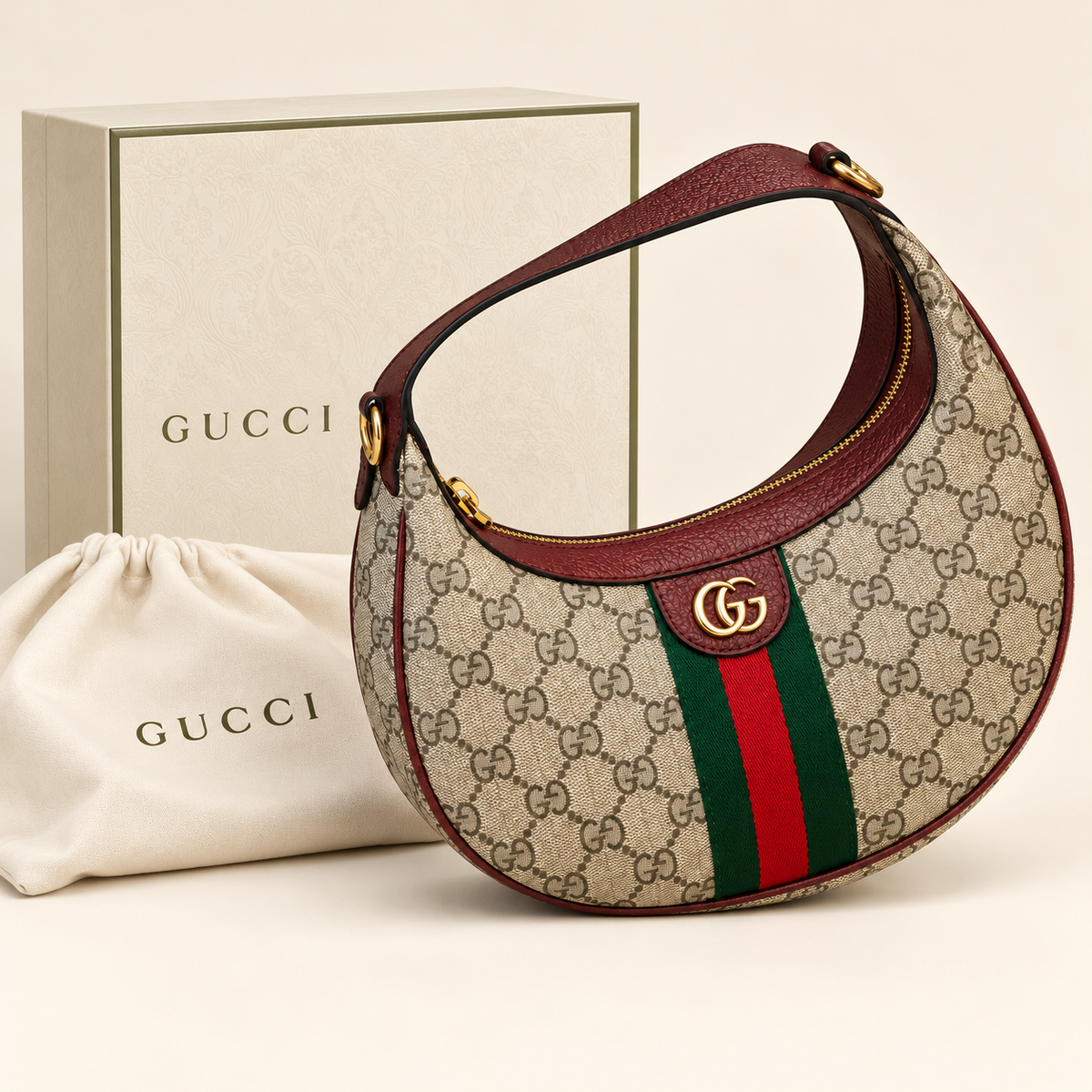 Sac demi-lune rayé — Bordeaux — avec boîte et housse