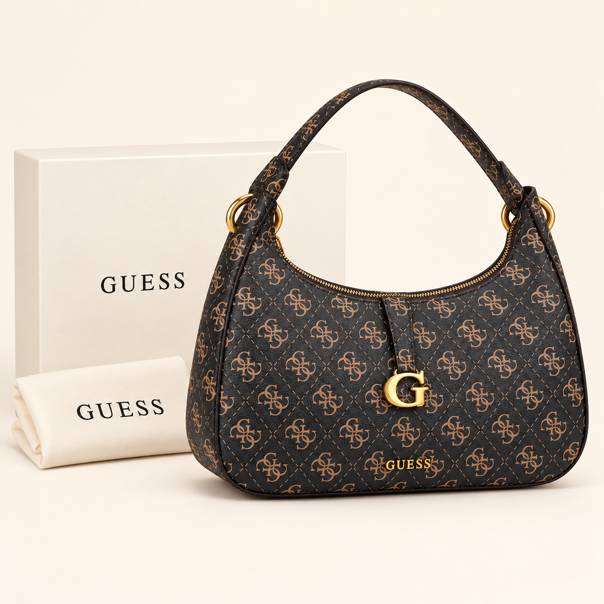Sac hobo avec charm — Monogramme noir — avec boîte, visuel généré
