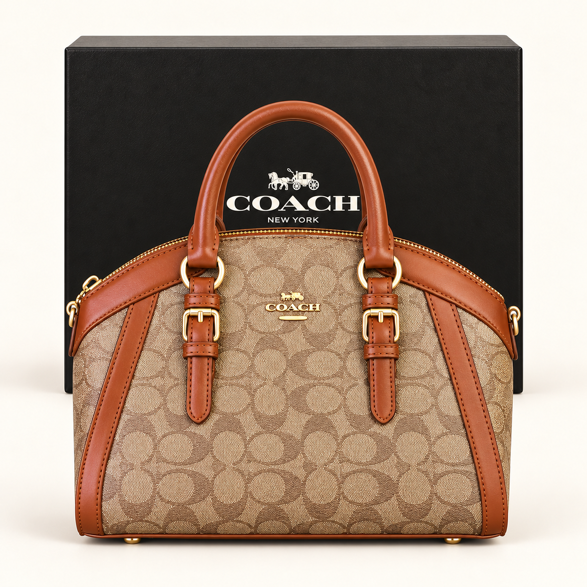 Sac bowling arrondi — Monogramme beige et caramel — sac et boîte