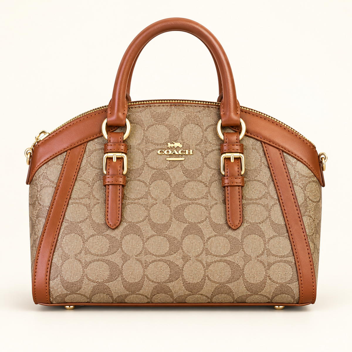 Sac bowling arrondi — Monogramme beige et caramel — studio