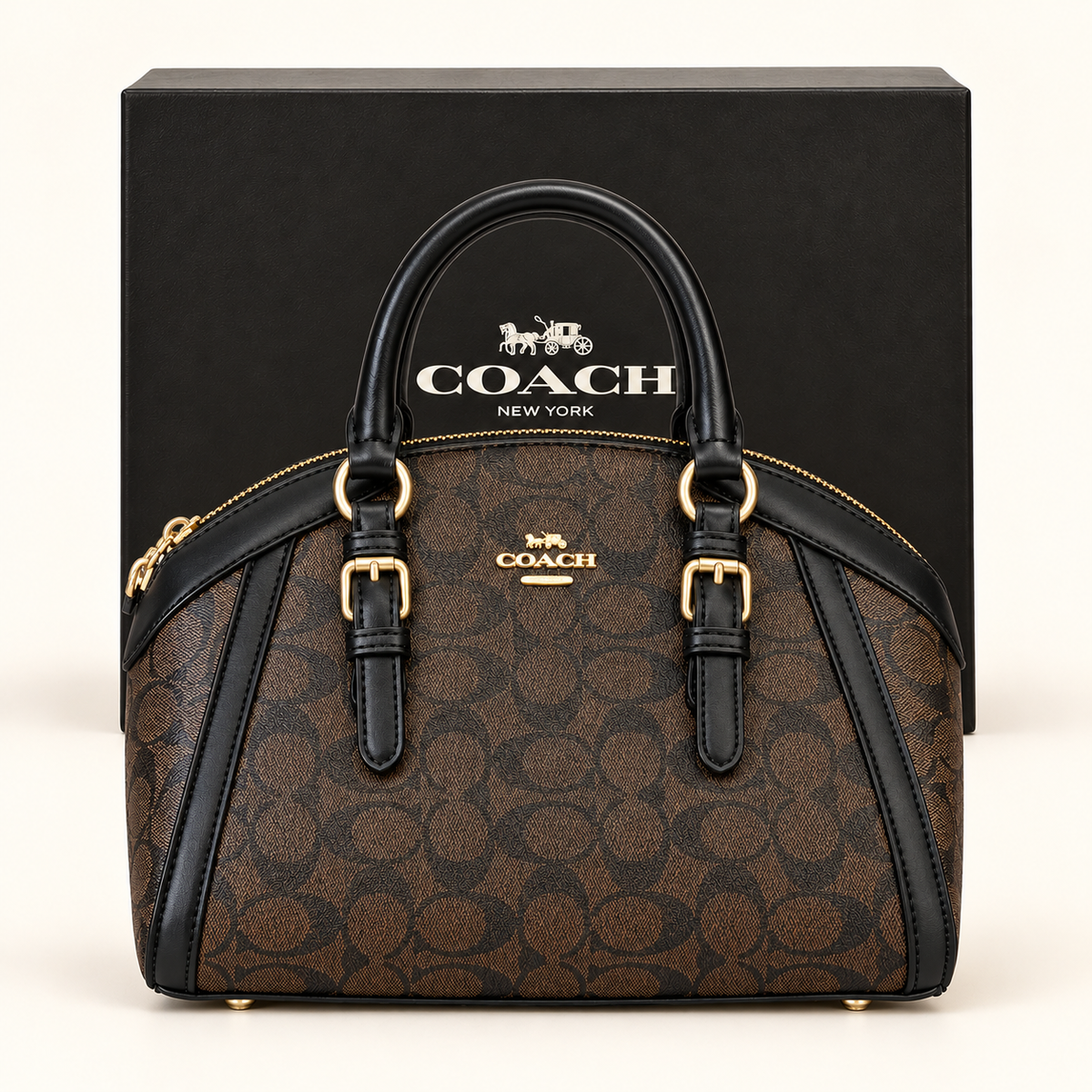 Sac bowling arrondi — Monogramme brun — sac et boîte