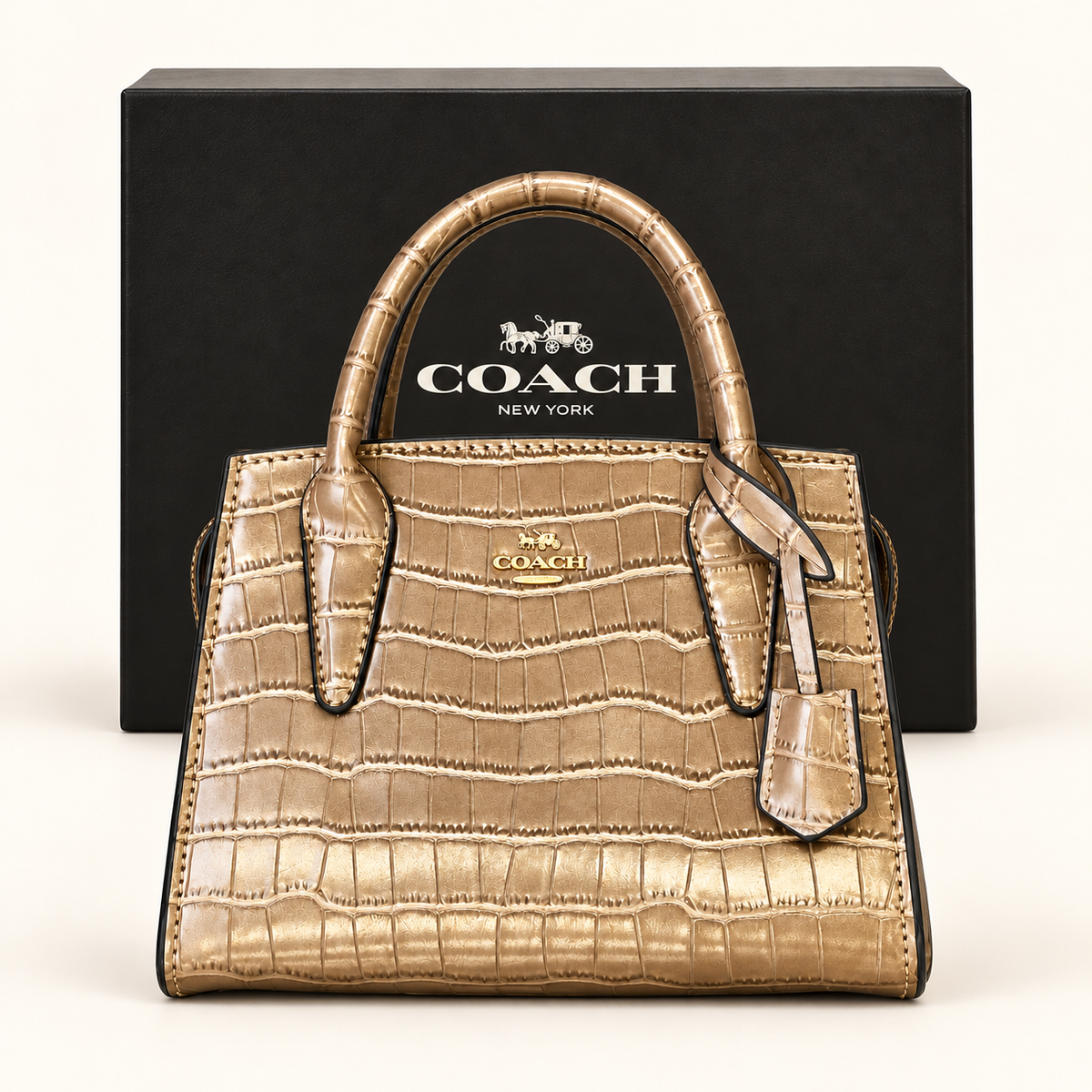 Mini sac effet crocodile — Taupe doré — sac et boîte