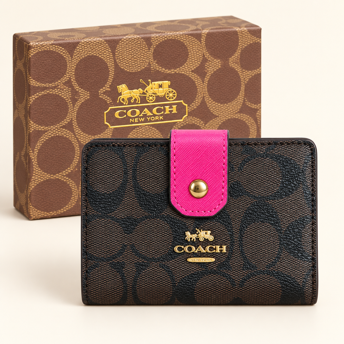 Portefeuille monogramme à patte — Monogramme noir et fuchsia avec boîte