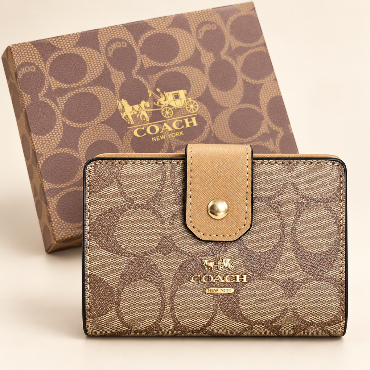 Portefeuille monogramme à patte — Beige et sable avec boîte
