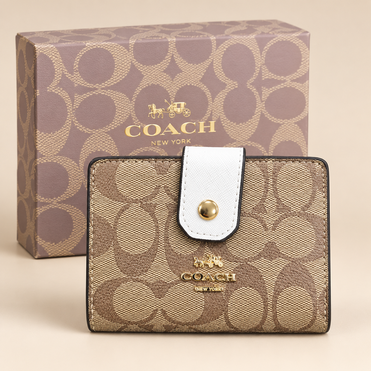 Portefeuille monogramme à patte — Beige et blanc avec boîte