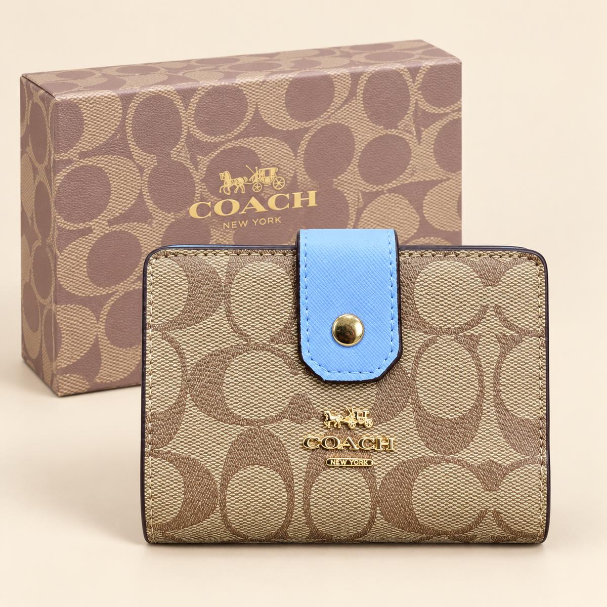 Portefeuille monogramme à patte — Beige et bleu ciel avec boîte
