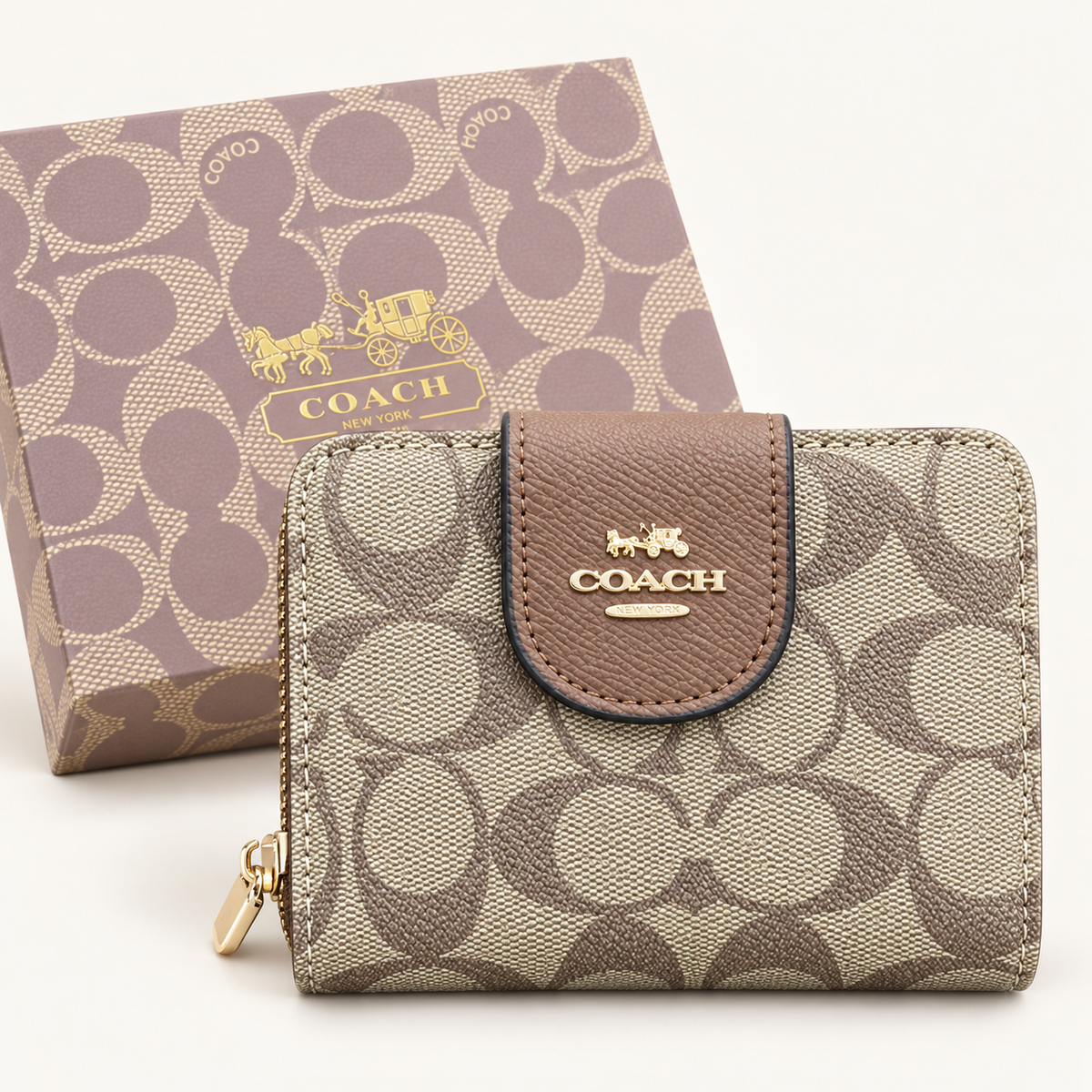 Portefeuille monogramme à rabat arrondi — Beige et taupe avec boîte