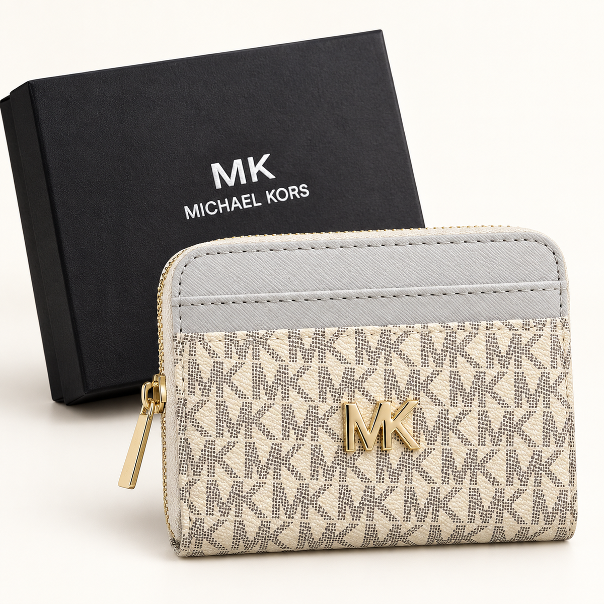 Portefeuille compact zippé — Ivoire et taupe avec boîte