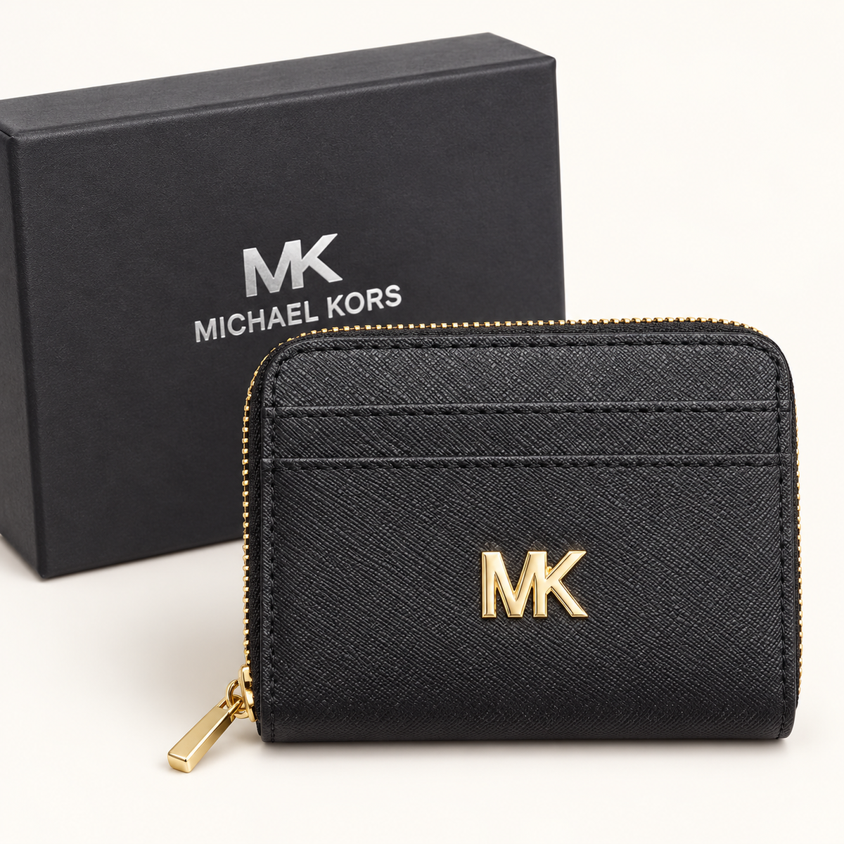 Portefeuille compact zippé — Noir uni avec boîte
