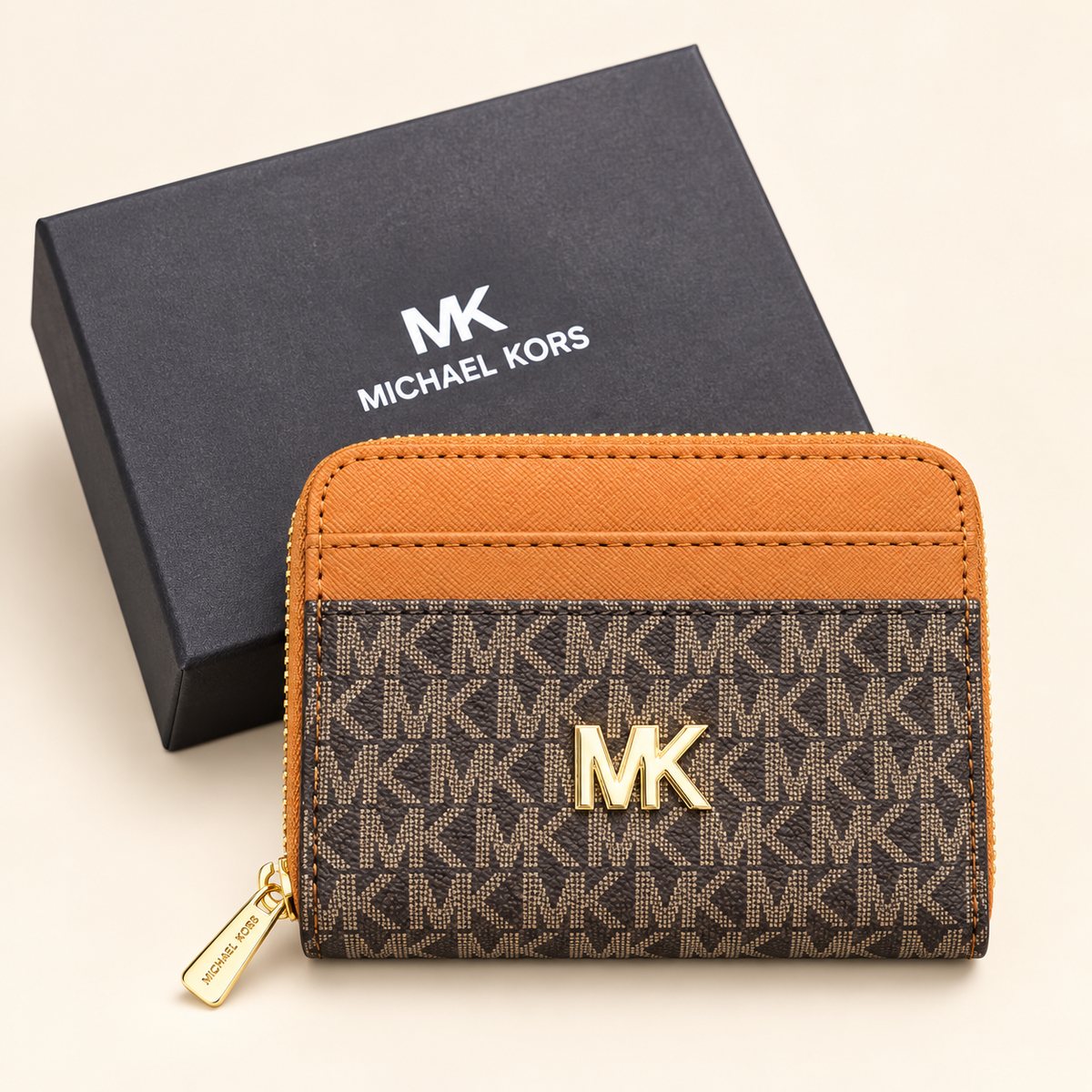 Portefeuille compact zippé — Monogramme brun et caramel
