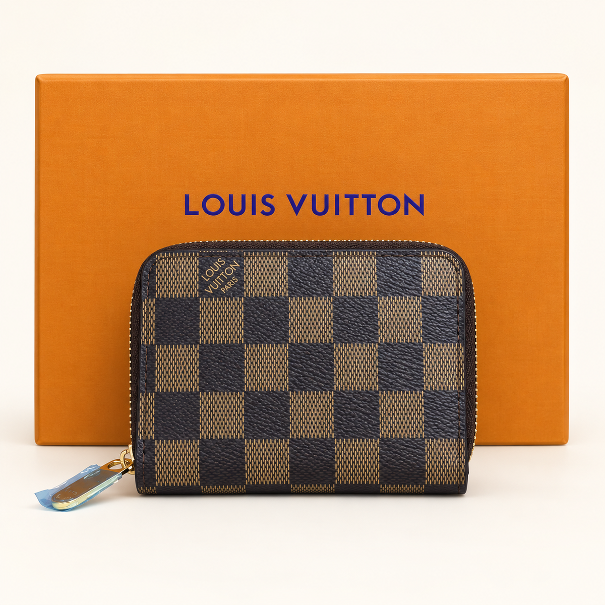 Portefeuille zippé damier — Ébène