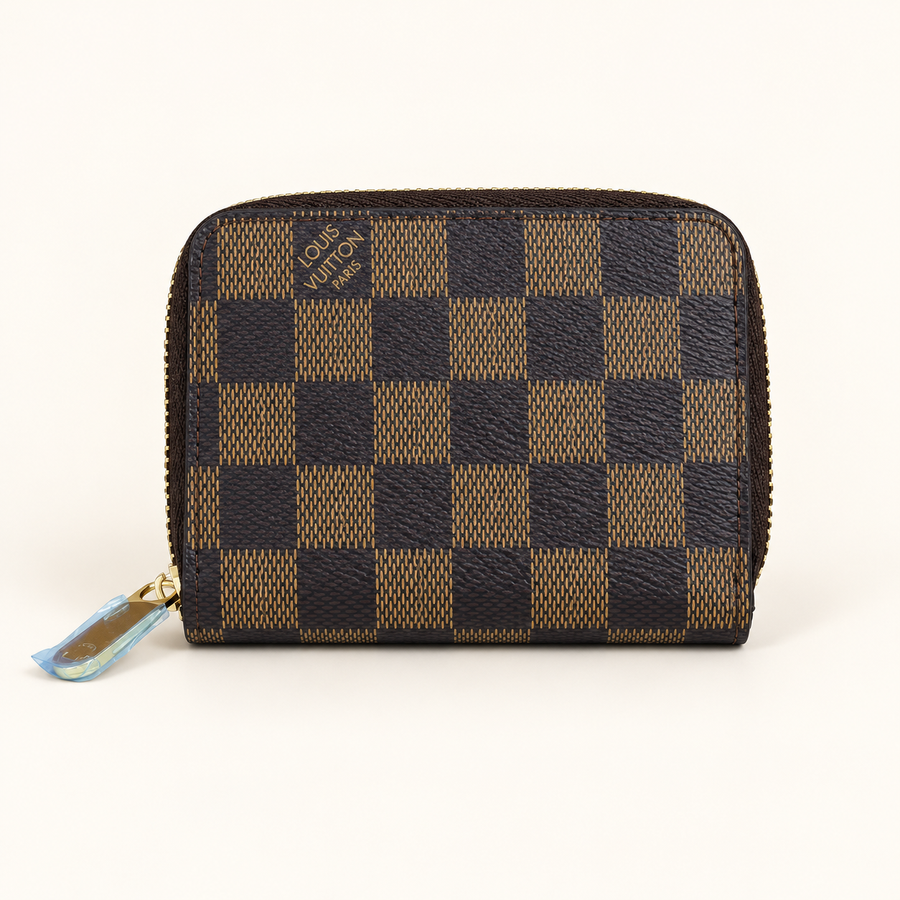 Portefeuille zippé damier — Ébène